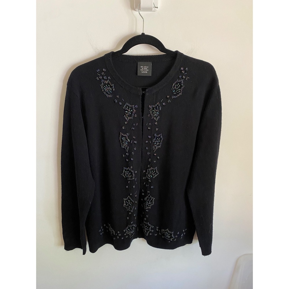 Black Beaded Cardigan Sweater Womens Large Hook & Eye Iridescent Floral Knit